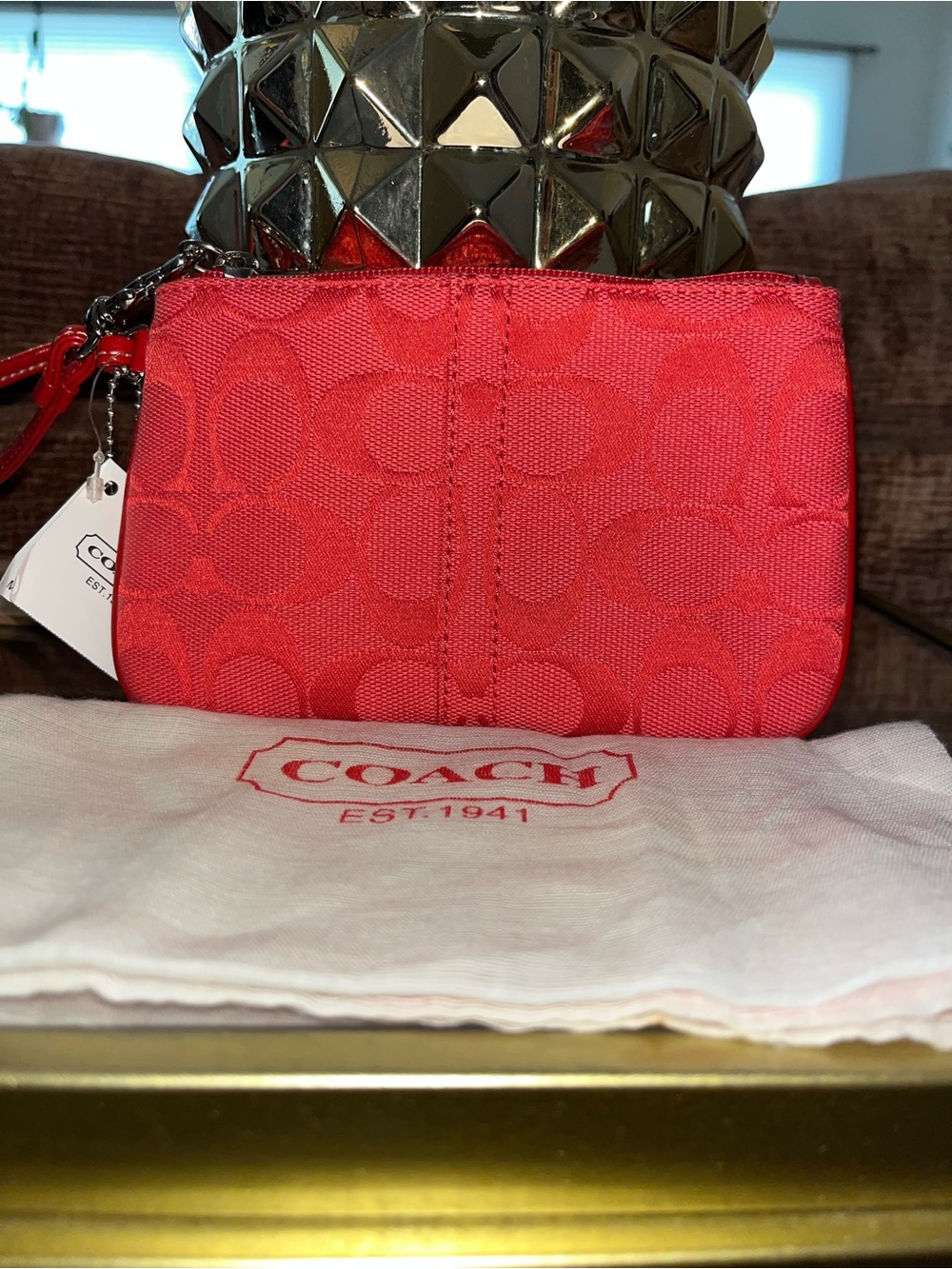 Coach Small Wristlet in Coral Red with Silver Hardware